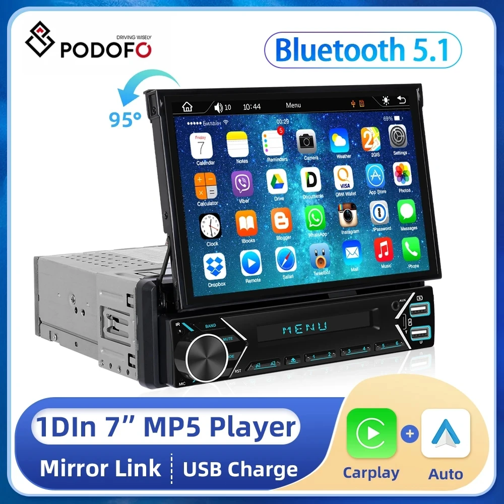 

Podofo 1DIN 7" HD Retractable Touch Screen Universal Car MP5 Player Bluetooth FM Radio Carplay Android auto Electric Telescopic