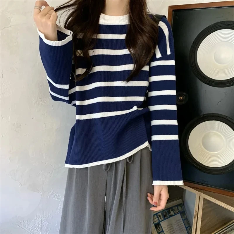 

Женский полосатый свободный плотный теплый свитер, осенне-зимний Повседневный пуловер, корейский стиль, с круглым вырезом и длинным рукавом, женские джемперы для офиса