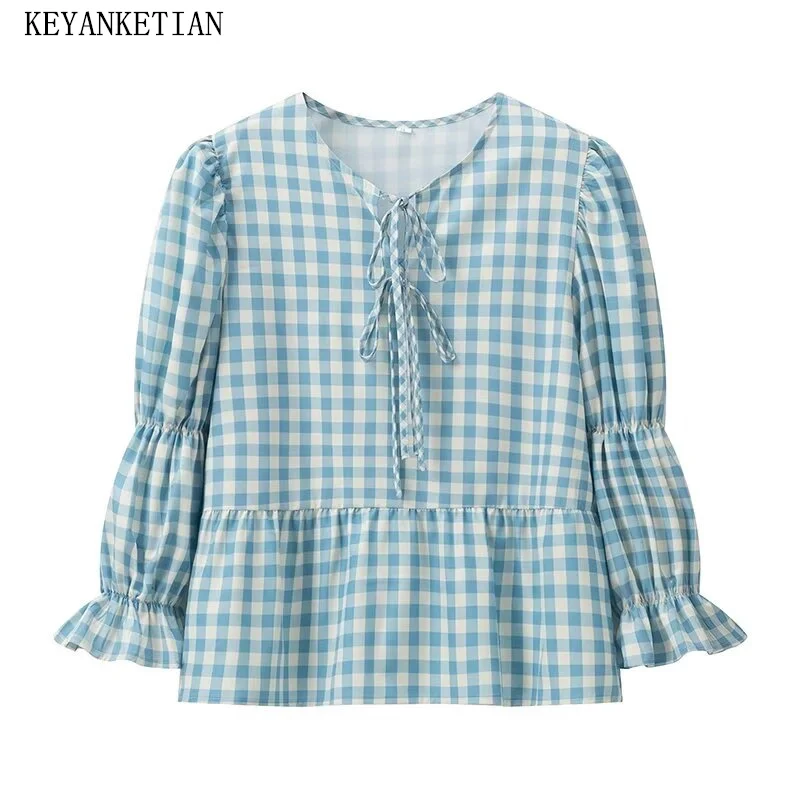 

Новинка 2024, Женская клетчатая рубашка KEYANKETIAN с рукавами-фонариками, со шнуровкой, Женский пуловер в несколько рядов, милая блузка, короткий топ