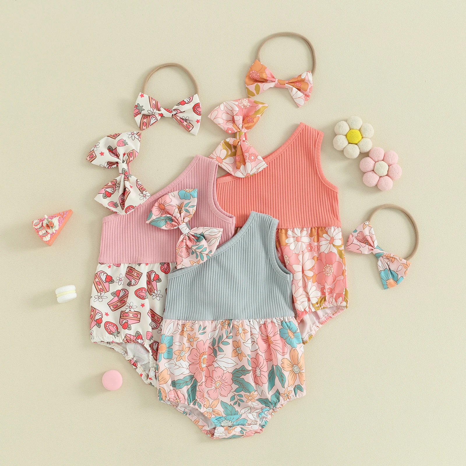 

Newborn Girl Outfit, Asymmetric Flower Print Sleeveless Romper with Bow Hairband Summer Clothes