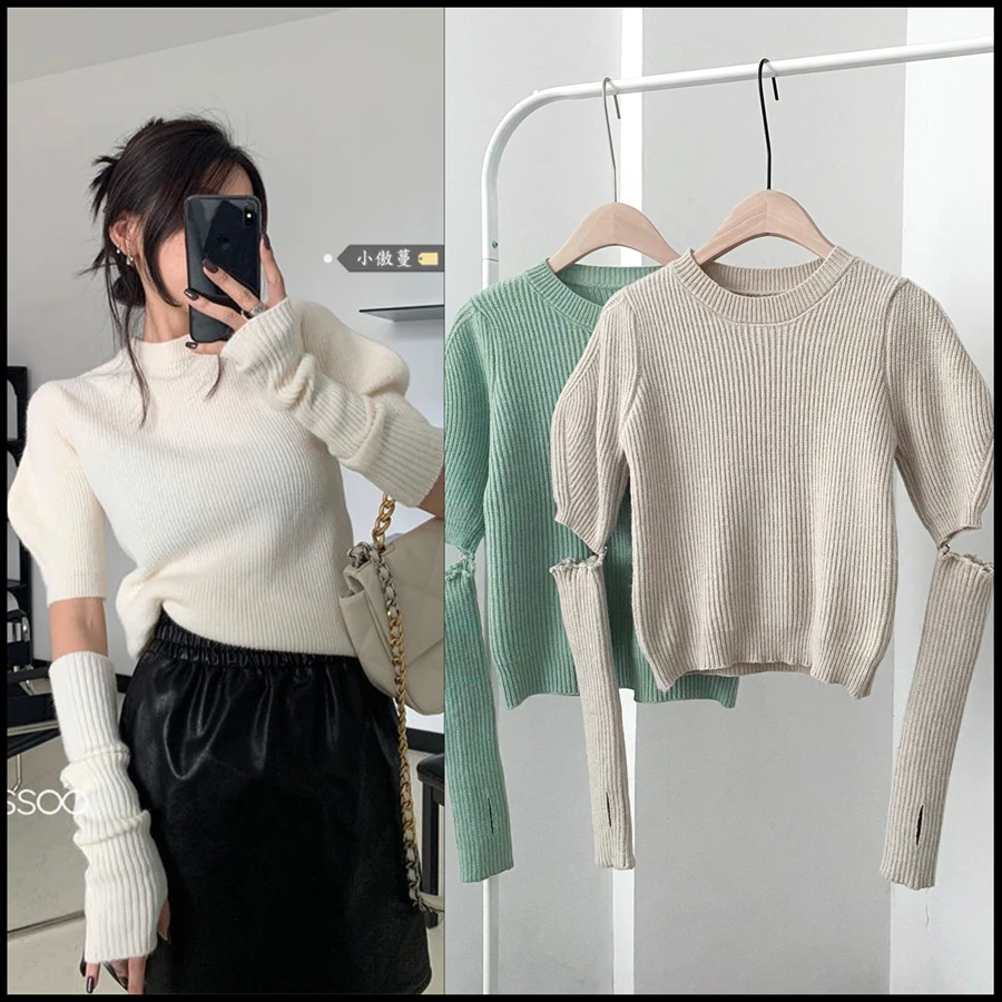 

Осень 2024, пуловер Miiiix с круглым вырезом, вязаная нижняя рубашка с рукавами, Женский Однотонный свитер, топ, женская одежда