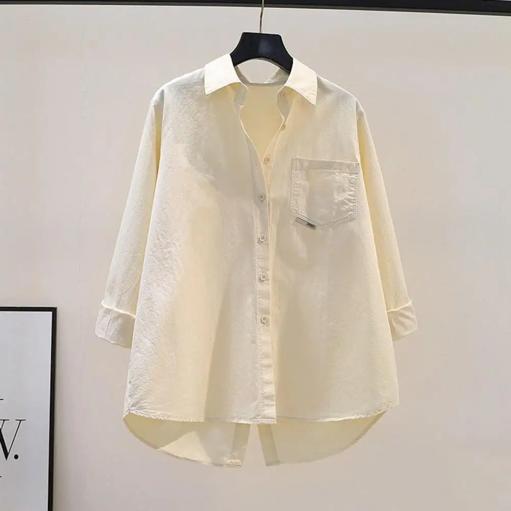 

Женская рубашка для работы, Элегантная Женская Весенняя блузка с отложным воротником и асимметричным подолом, однотонная Повседневная Блузка с длинным рукавом для осени