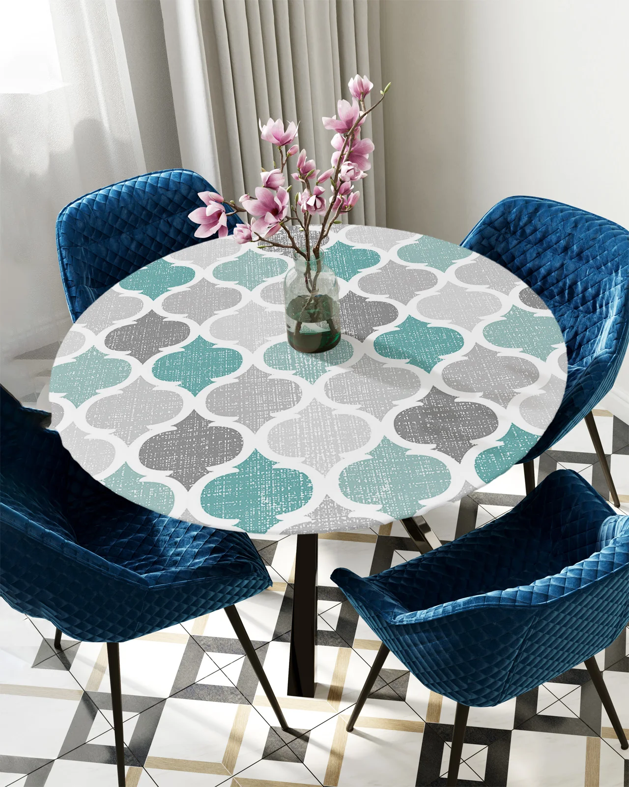 

Turquoise Grey Geometric Moroccan Retro Round Elastic Edged Table Cover Protector Cloth Waterproof Rectangle Fitted Tablecloth