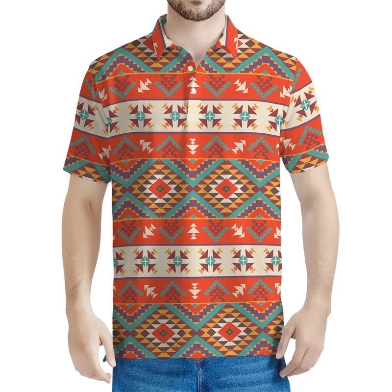 

Ancient 3D Printed Geometric Polo Shirts Men Retro Ethnic Patterns T-Shirts Button Short Sleeves Street Lapel Loose Tee Shirt