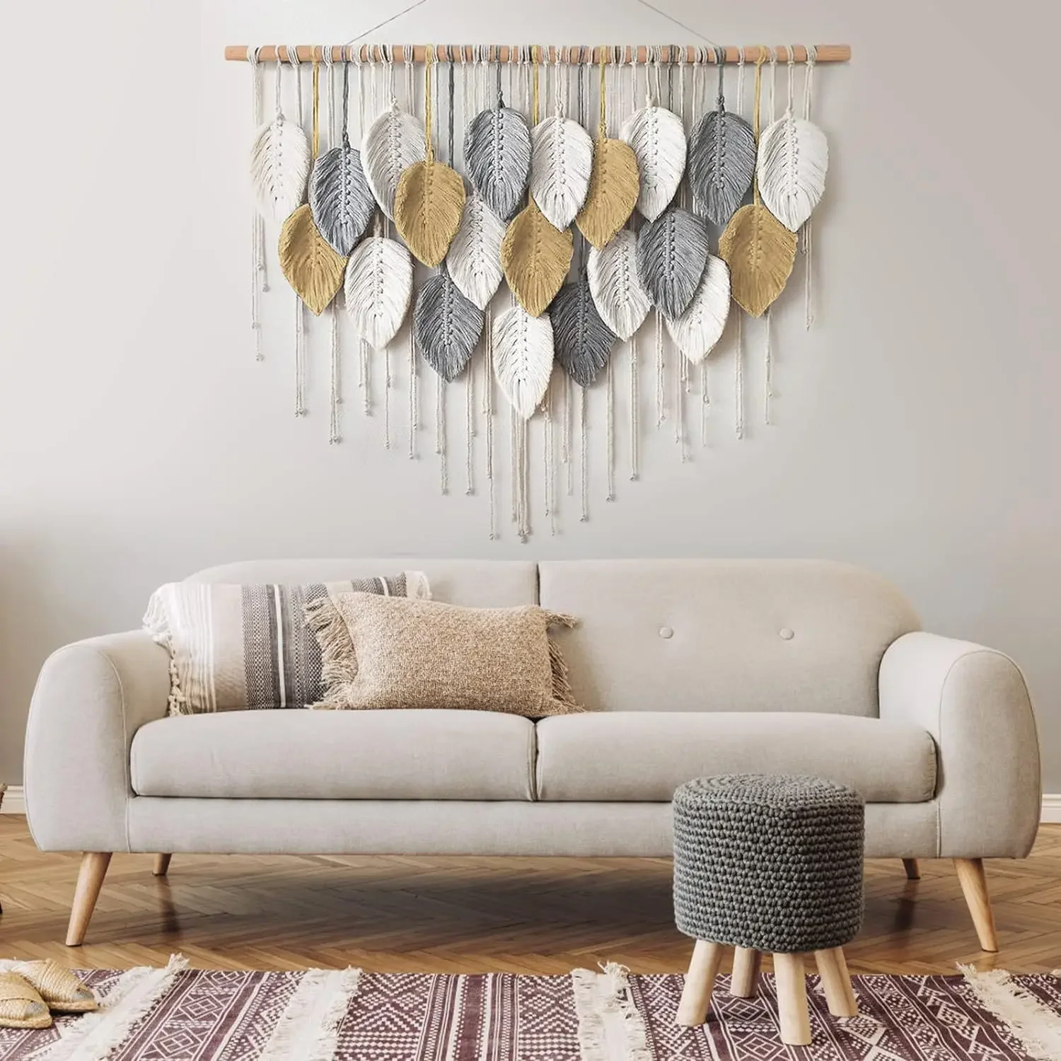 Boho Leaf Woven Tapestry Headboard - Handmade Colorful Wall Art with Wooden Accent 2 Sc51a1b5b9e164f75b4ed7c24bfa39407D