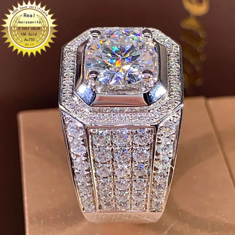 

Solid 9K Au375 White Gold Men Ring DVVS1 Moissanite Diamonds 5Ct Round Wedding Party Engagement Anniversary Ring