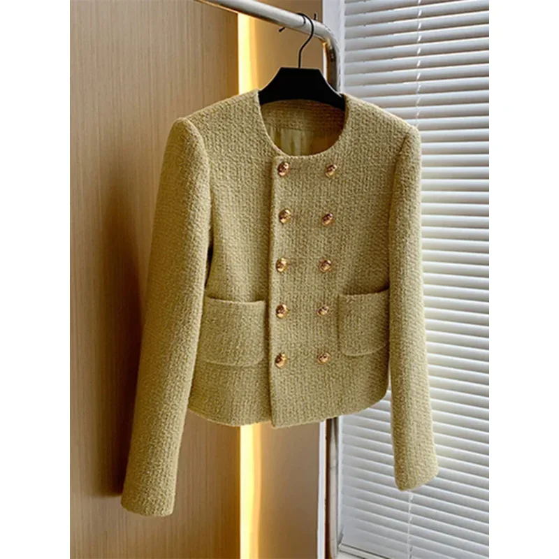 

Boreathiman Autumn Winter Brand Luxury Tweed Short Jacket Coat Women Elegant French Golden Double Breasted Woolen Suit Casaco