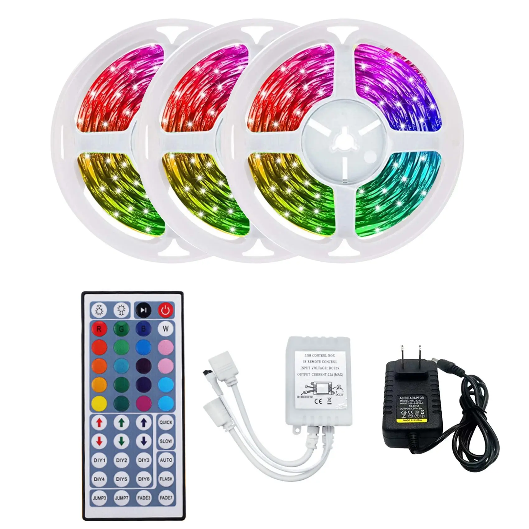 Гибкая светодиодная RGB лента, 15 м, 3528 светодиодов, с пультом ДУ на 44 кнопки, для Рождества и спальни (вилка стандарта США) 
Гибкая светодиодная RGB лента, 15 м, 3528 светодиодов, с пультом ДУ на 44 кнопки, для Рождества и спальни (вилка стандарта США)