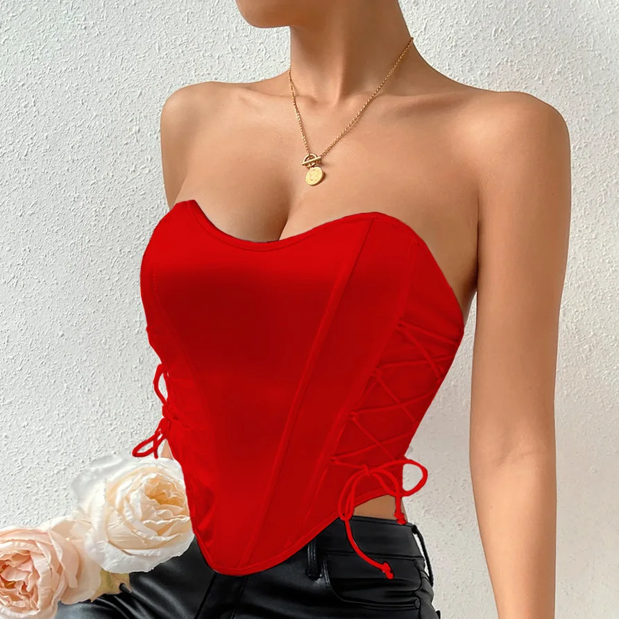 

Sexy Strapless Corset Cropped Tops Summer Fashion Skinny Bustier Camisole Slim Fishbone Halter Tank Top Streetwear Women Clothes