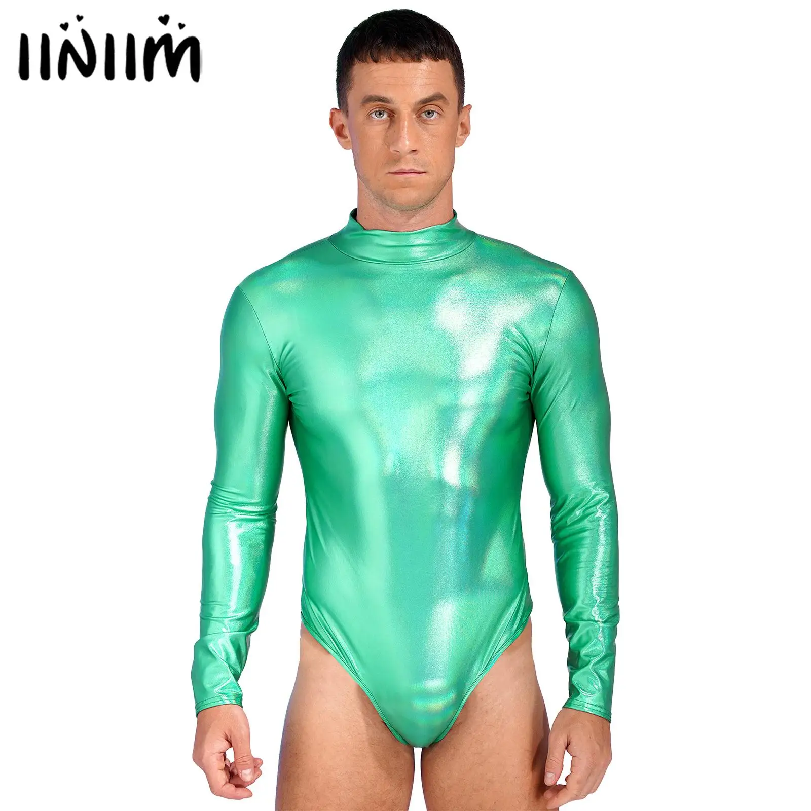 

Mens One-piece Shiny Metallic Bodysuit Mock Neck Long Sleeves Leotard Gymnastic Dancewear Clubwear Stage Performance Costume