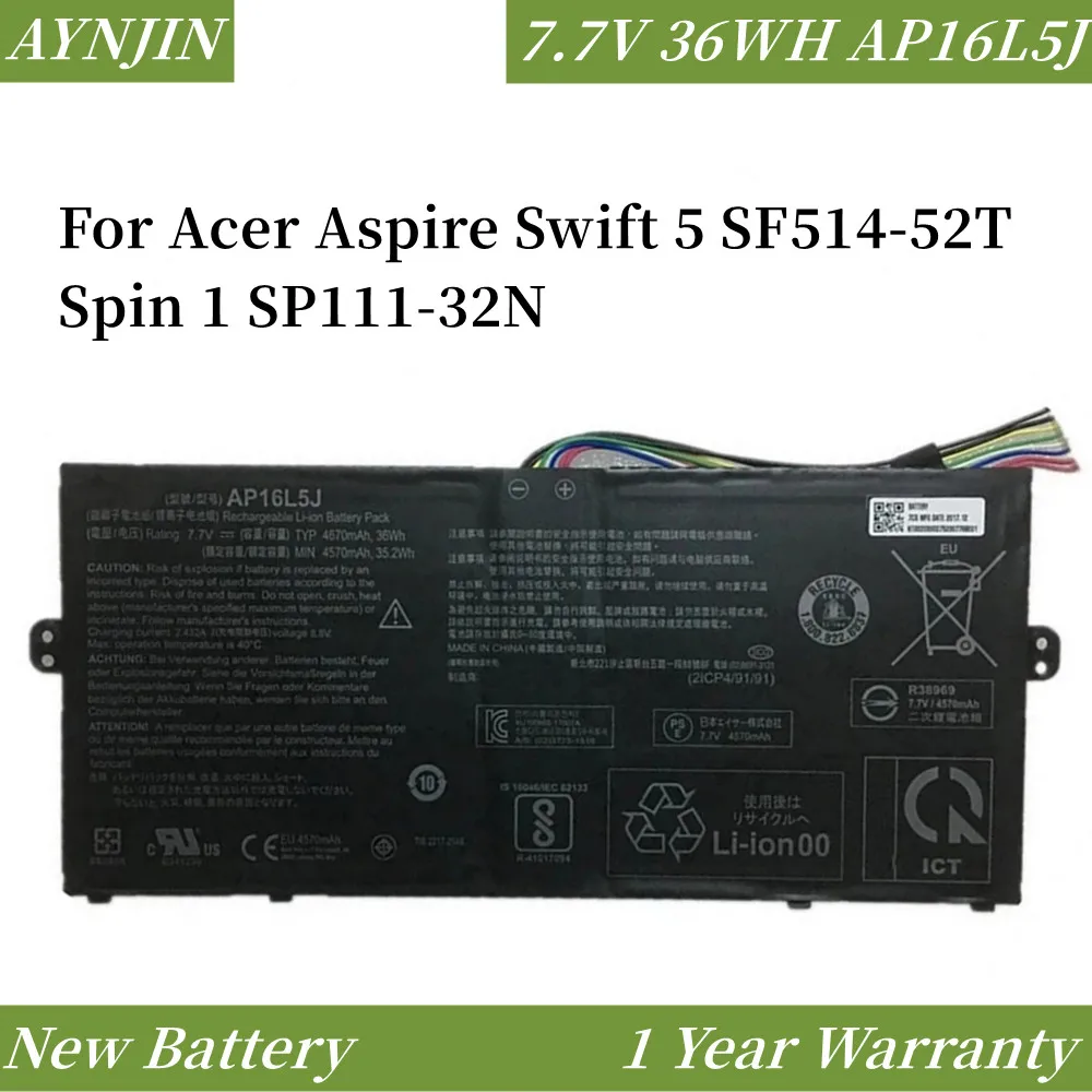 

New AP16L5J Laptop Battery For Acer Aspire Swift 5 SP111-32N SF514-52T Spin 1 2ICP4/91/91 7.7V 36Wh 4670mAh