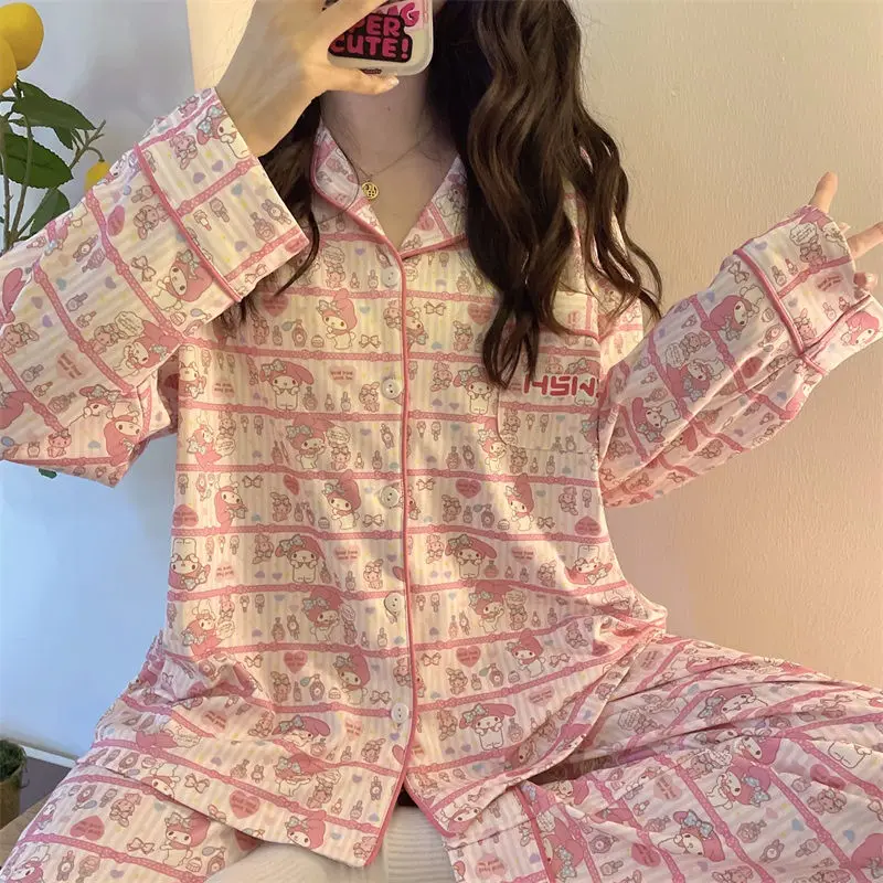 Kawaii Sanrio My Melody Women's Pajamas Set Cartoon Cute Spring and Autumn Pajamas Long-sleeved Casual Loose Homewear Set 
Kawaii Sanrio My Melody Women's Pajamas Set Cartoon Cute Spring and Autumn Pajamas Long-sleeved Casual Loose Homewear Set