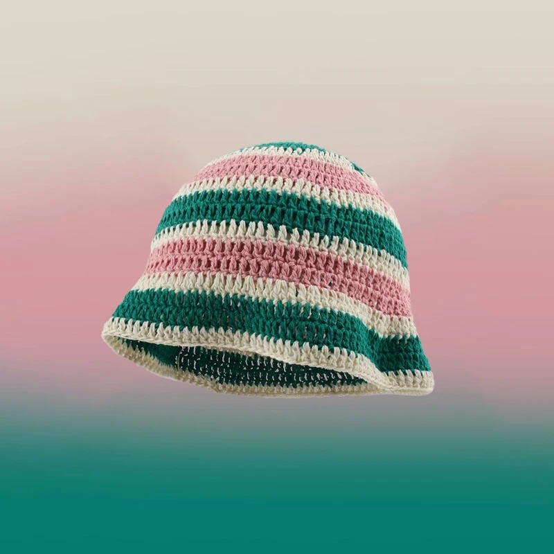 

Japanese Niche Bucket Hat Contrasting Striped Cotton Thread Hand-knitted Hollow Women's Hats Korean Sweet Sunshade Basin Caps