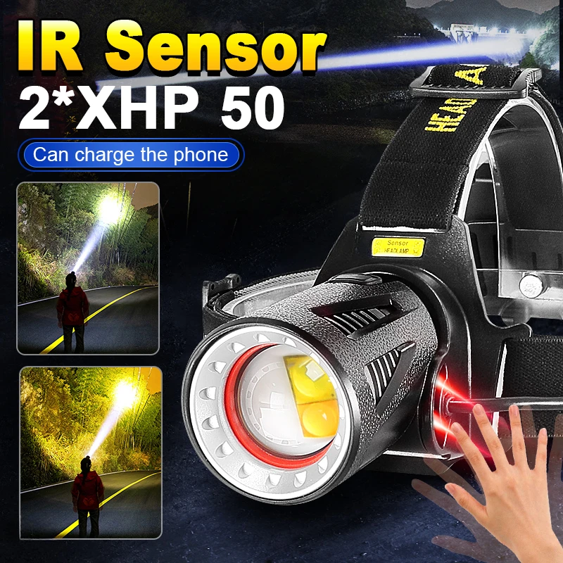 

2*XHP50 LED Sensor Headlamp Rechargeable White Yellow Light Powerful Fishing Head Flashlight 3 Modes Power Bank Camping Lanterns