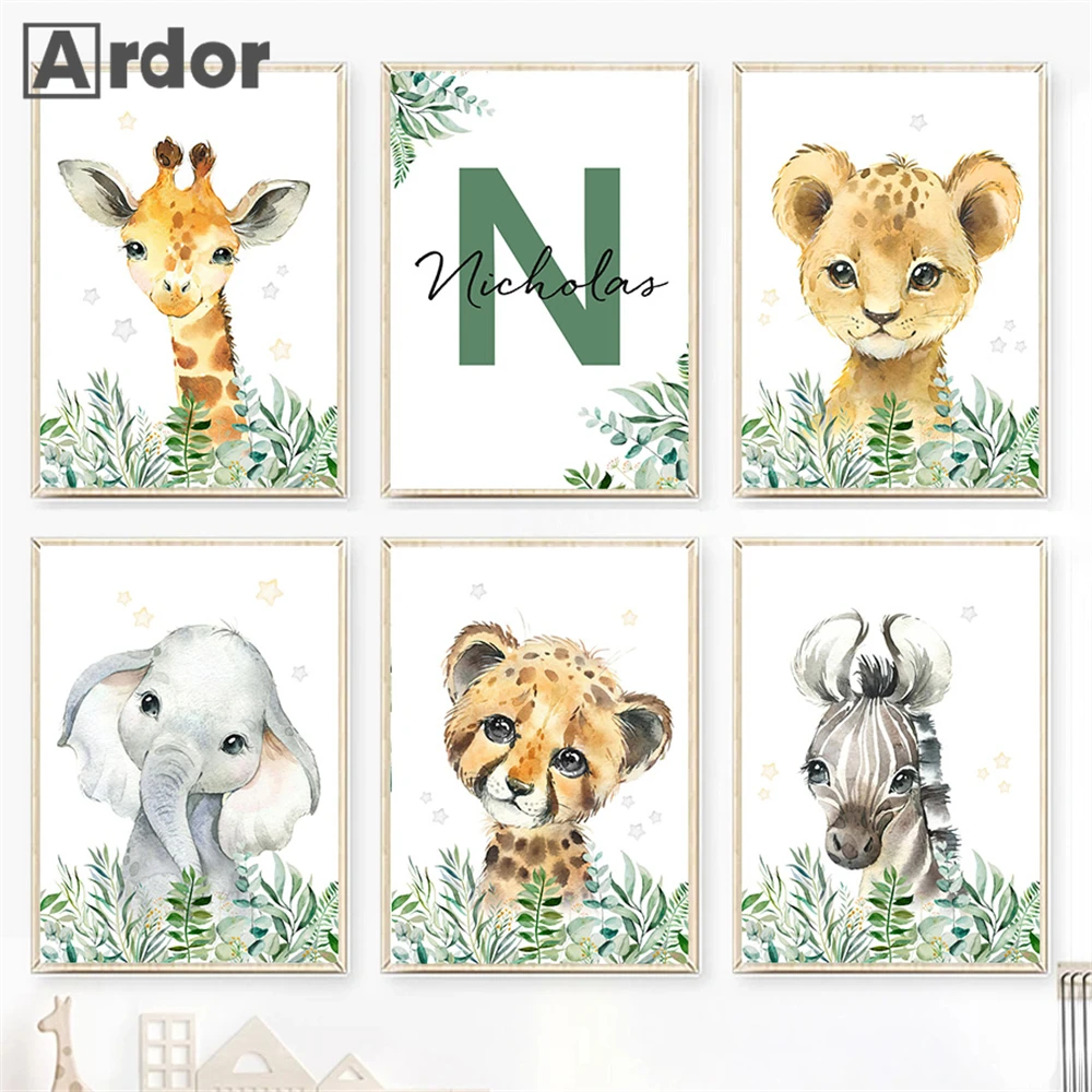 

Lion Prints Plant Leaf Custom Name Canvas Poster Jungle Animal Nursery Print Pictures Giraffe Wall Painting Kids Room Decoration