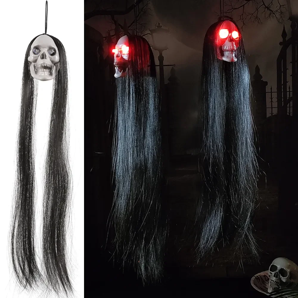 

Glowing Hanging Skull Lights With Long Hair Ghost Skull LED Lamp Ornament Shiny Red Eyes Lights Scary Prop Halloween Decorations