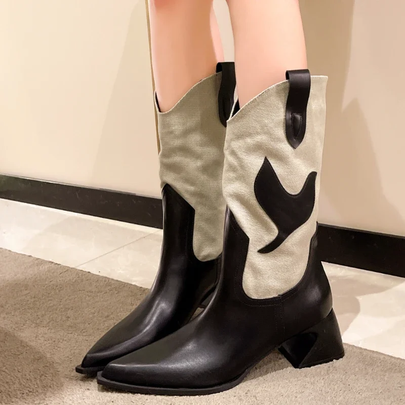 Женские ботинки без шнуровки, разноцветные ботинки до середины икры с острым носком, на массивном каблуке, в западном стиле, осень 2023
Женские ботинки без шнуровки, разноцветные ботинки до середины икры с острым носком, на массивном каблуке, в западном стиле, осень 2023