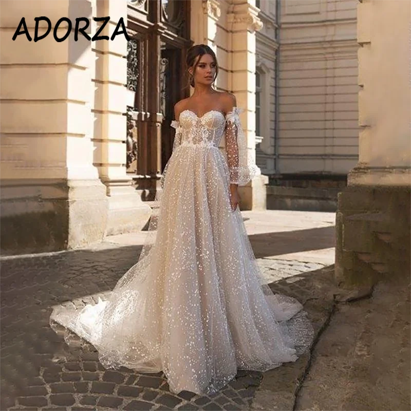 

ADORZA Wedding Dress Long Puffy Sleeves A-line Bridal Gown Lace Appliques Sweetheart Neck Court Train Vestido De Noiva for Bride