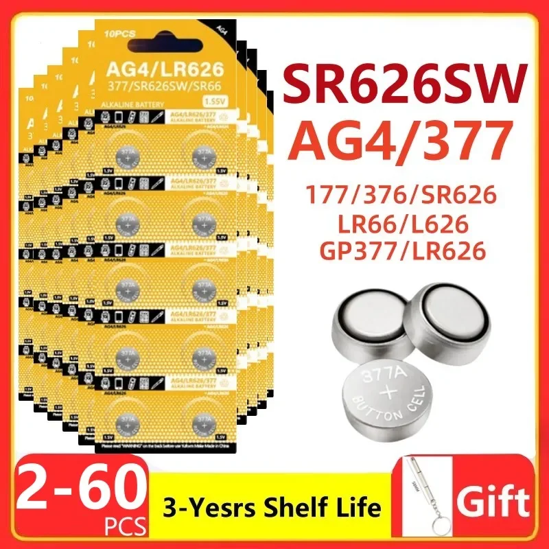 

Кнопочные батарейки AG4 1,55, 2 шт.-50 шт., 377 в, SR626SW, SR626, батарейка для монет, Щелочная батарейка 177, 376, 626A, LR66, LR626 для часов, игрушек, часов