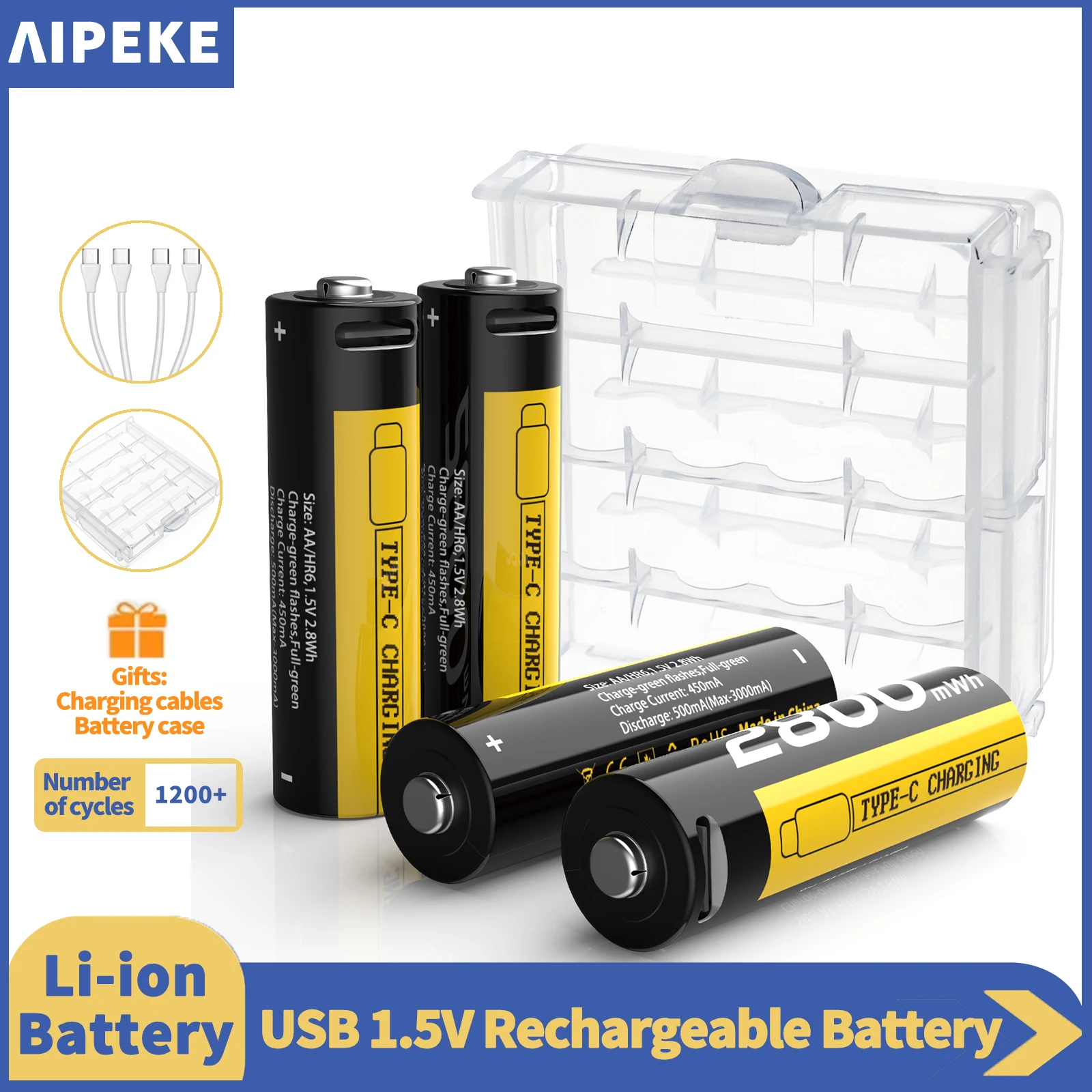 AIPEKE AA batteries 1.5V USB 2800mWh Lithium Battery Aa and aaa rechargeable batteries for game controller mouse original
AIPEKE AA batteries 1.5V USB 2800mWh Lithium Battery Aa and aaa rechargeable batteries for game controller mouse original
