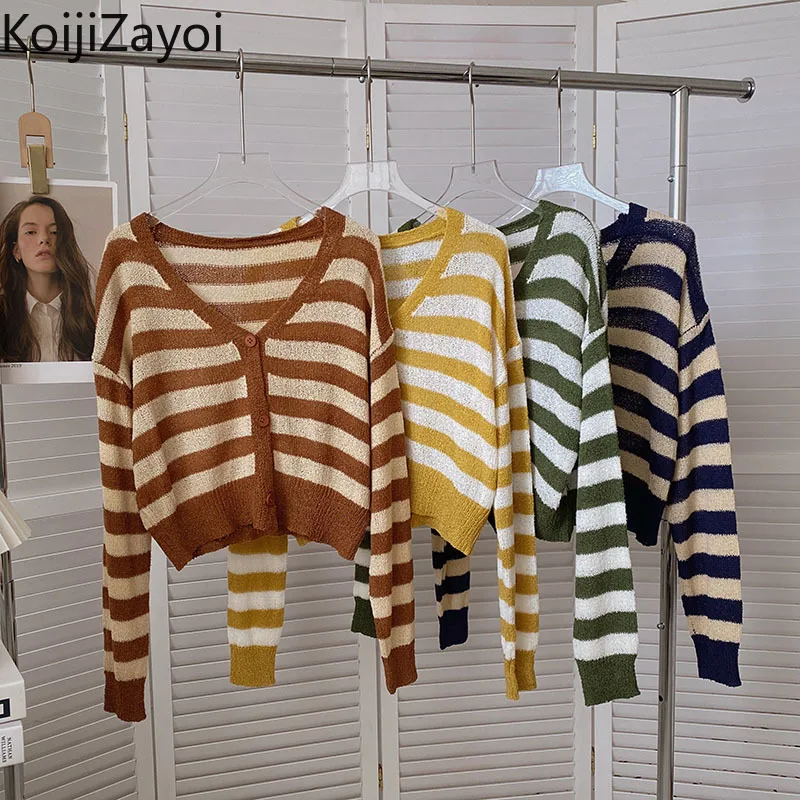 

Koijizayoi Striped Women Loose Cardigan Office Lady Spring Autumn Cropped Striped Kardigan 2022 New Arrivals Sweater Cardigans