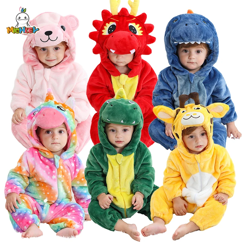 

MICHLEY NEW Halloween Dinosaur Baby Rompers Winter Costume Clothes Cute Cartoon Jumpsuit Bodysuits Overall For Girls Boys 2-36M