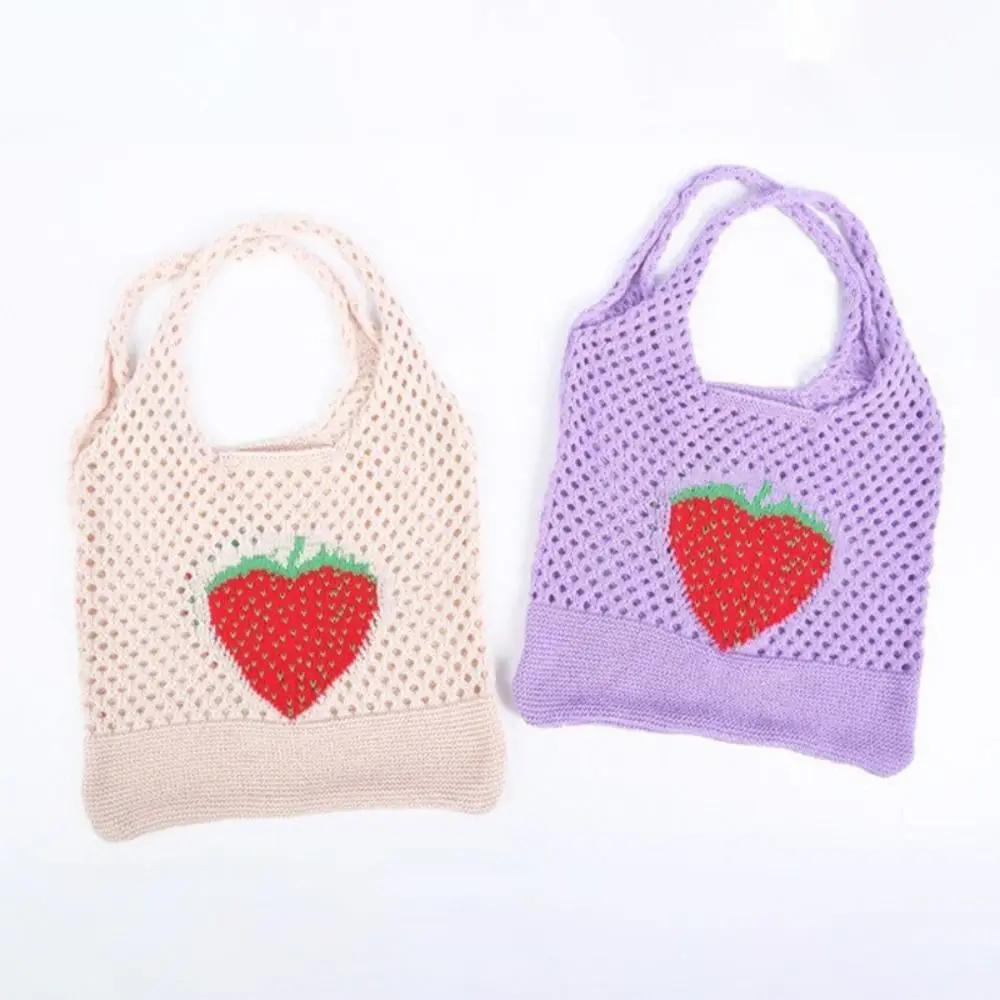 

Ажурные плетеные вязаные сумки на плечо, женская сумка-тоут для покупок, вместительная вязаная крючком сумка с клубничным узором, сумки