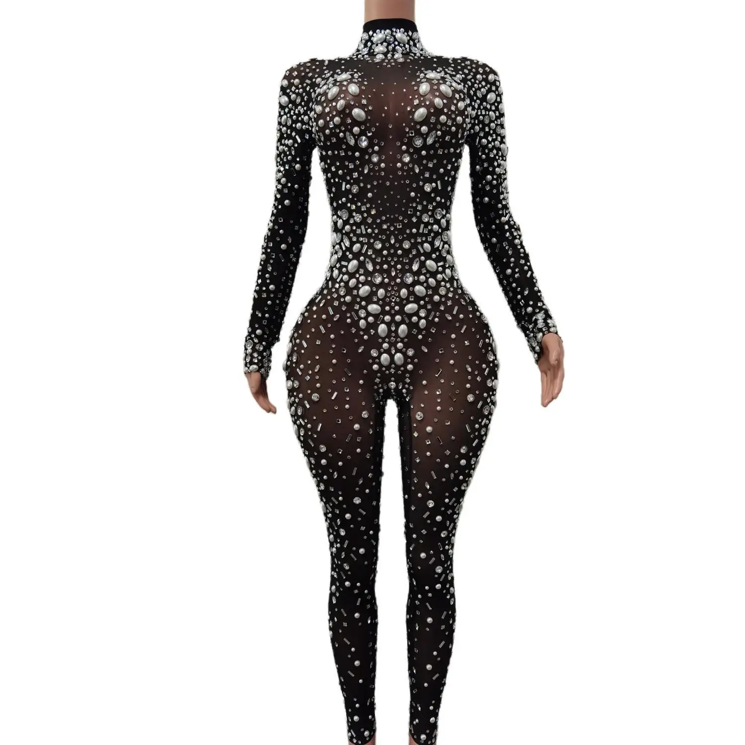 

Sparkle Pearls Rhinestone Long Sleeve Mesh Bodysuits Club Party Bodycon Rompers Women Singer Dance Stage Show One Piece Jumpsuit