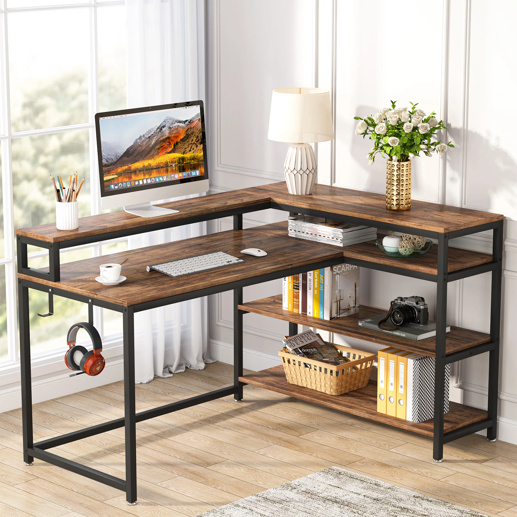 

Tribesigns Reversible L Shaped Computer Desk with Storage Shelf, Industrial 53 Inch Corner Desk with Shelves and Monitor Stand