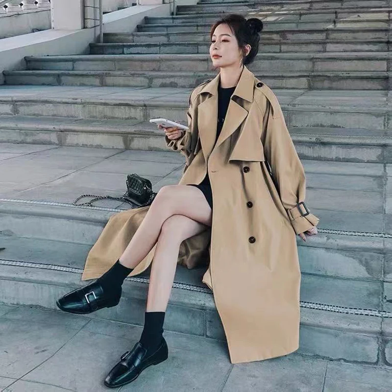 

Khaki Windbreaker Women Fall Elegant Korean Casual Long Trench Coat Loose Retros Double Breasted Solid Tunic Sashes Overcoats