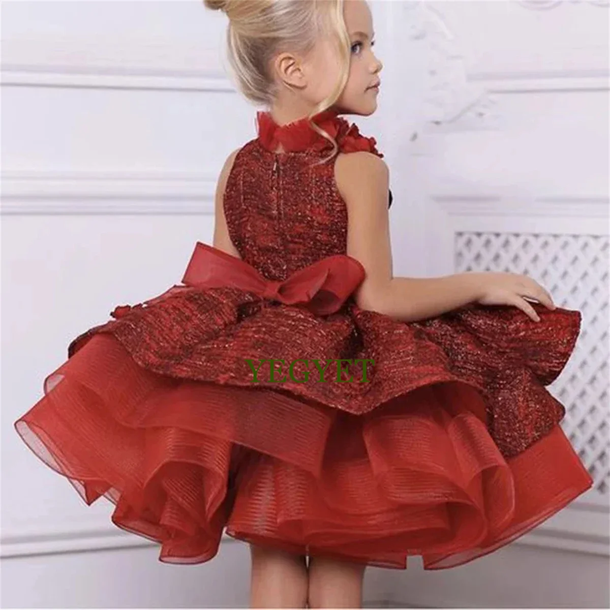 

Red Glitter Tulle Puffy High Neck Flower Girl Dress For Wedding 3d Applique With Bow Child First Eucharistic Birthday Party Gown