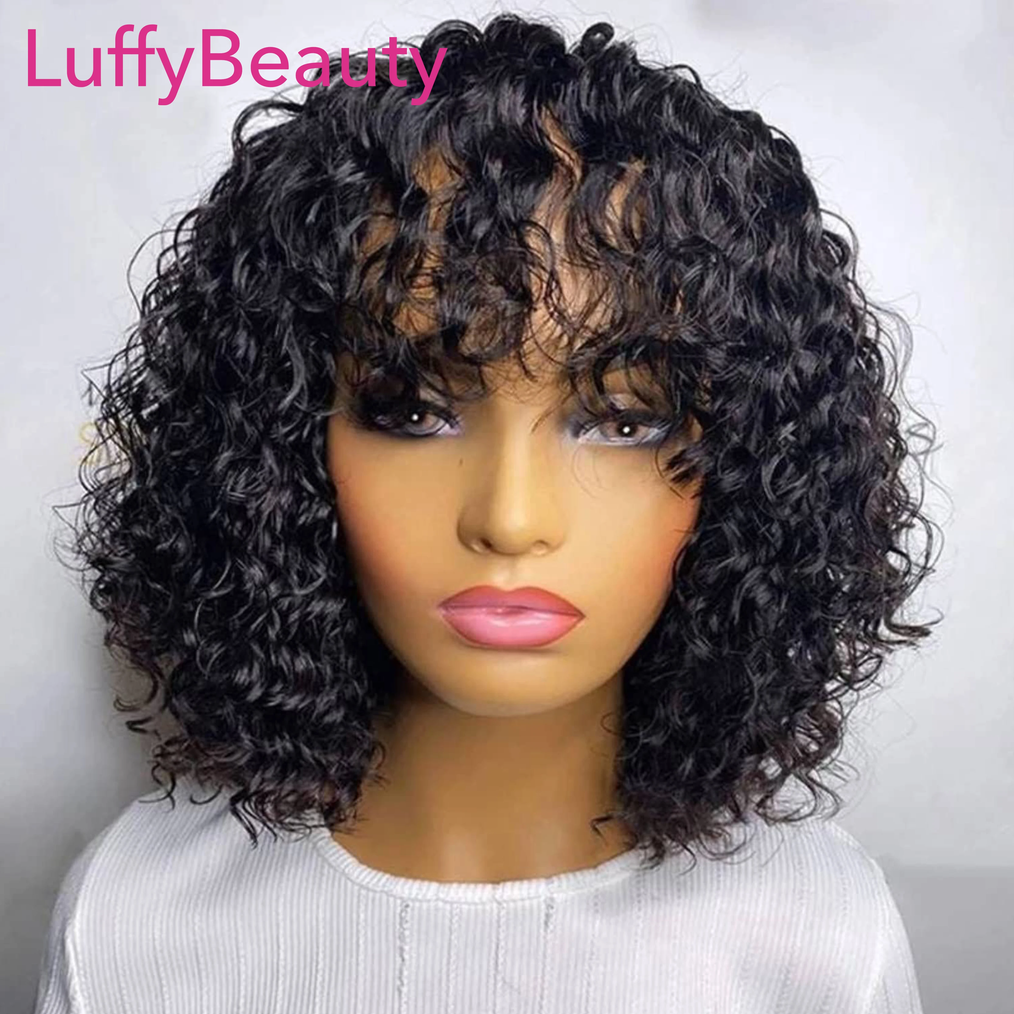 

Curly Bob Wig With Bangs 200 Density Glueless Full Machine Made Wig Brazilian Human Hair Short Bob Curly Wig For Women