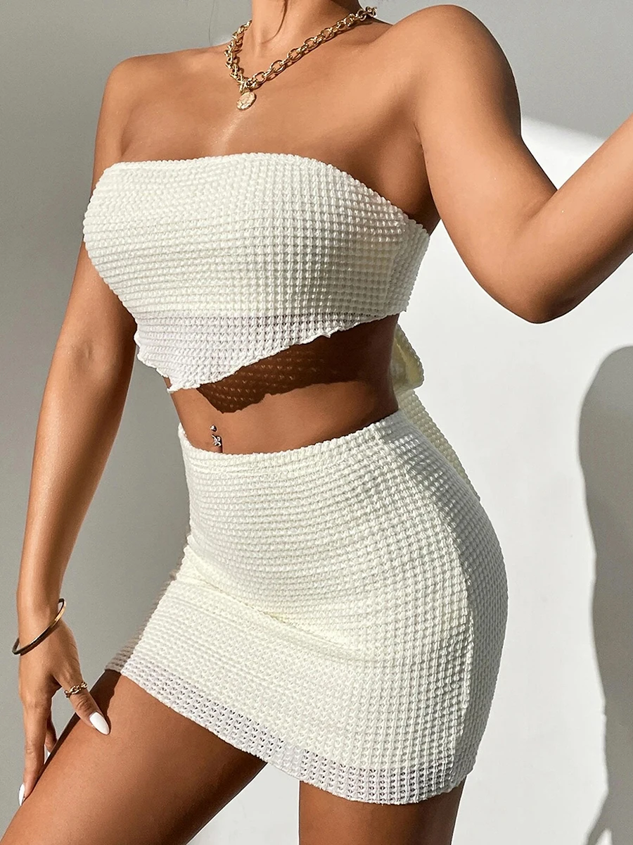 

Women’s Summer Knitted Set Strapless Tie Back Tube Tops High Waist Fitting Skirt 2 Piece Outfits for Party Club Night