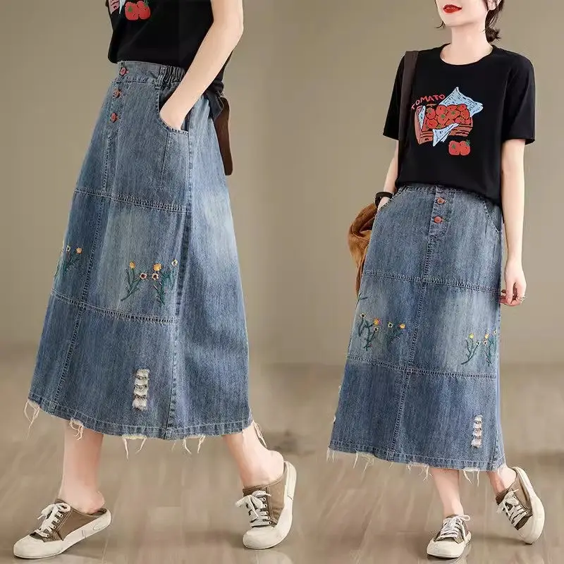 

Literary Artistic Large Size Embroidered Denim Skirt Distressed A-Line Loose Fur Edges Casual Elastic Waist Soft Jeans Saia K808