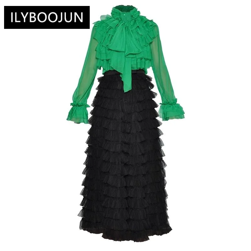 2023 Luxury Brand High Quality Autumn Suit Women Stand Collar Flare Sleeve Shirt + Mesh Cascading Ruffle Skirt 2 Pieces Set
2023 Luxury Brand High Quality Autumn Suit Women Stand Collar Flare Sleeve Shirt + Mesh Cascading Ruffle Skirt 2 Pieces Set