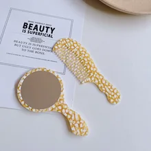 

New Design Beauty Cosmetic Mini Hand Held Mirror Comb Set Convenient Vintage Acetate Marble Comb Makeup Mirror For Women Girls