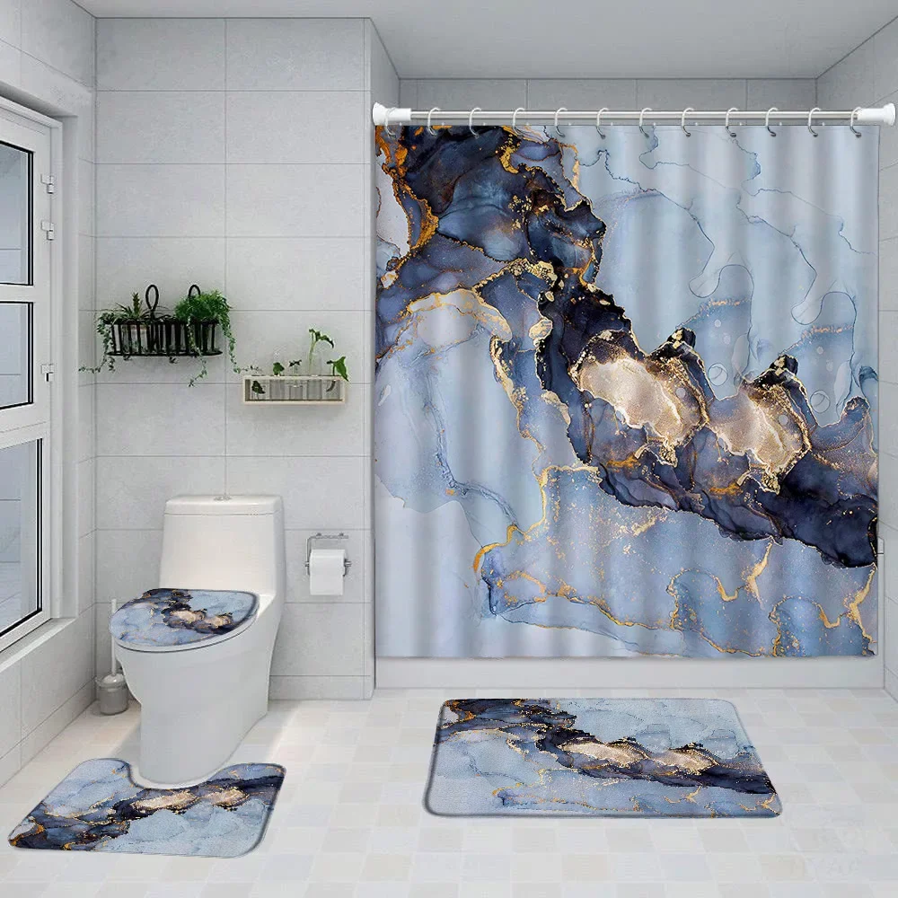 

Blue Gold Marble Bathroom Sets Full Set Gold Crackle Line Abstract Modern Art Home Bath Curtains Rug Toilet Cover Bathroom Decor