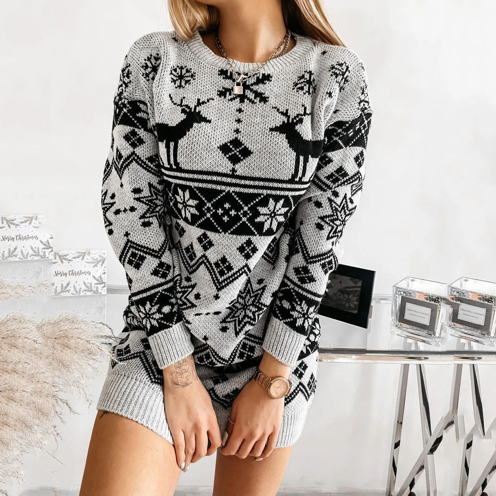 

Christmas Deer Knitted Sweater Women Long Sleeve Round Neck Ladies Jumper Fashion Casual 2023 Winter Autumn Pullover Clothes