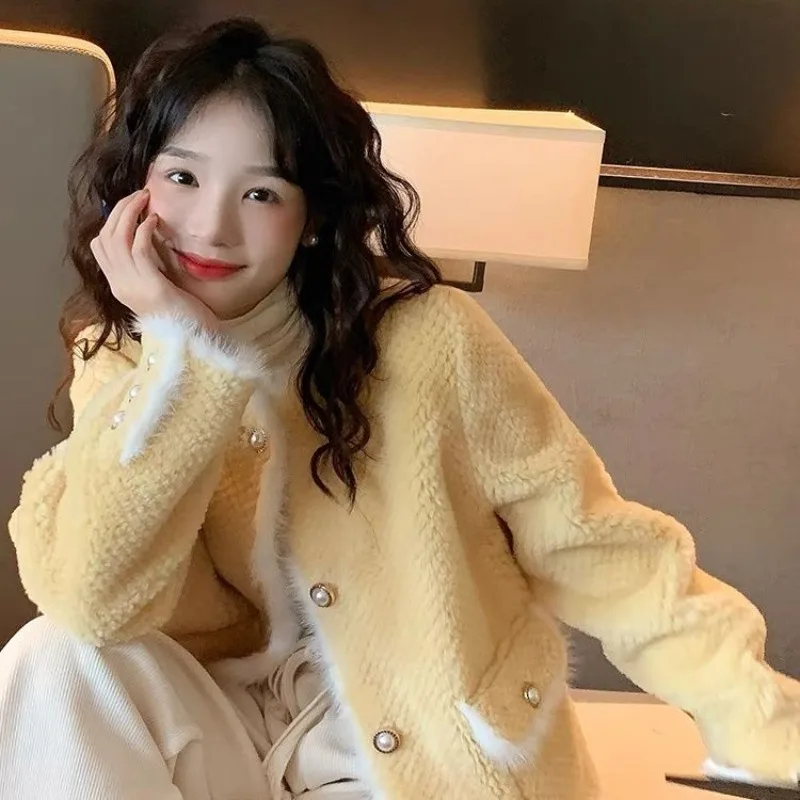 

Korean Sweet Mink Fur Fragrance Jacket Women O-Neck Temperament Spliced Soft Glutinous Fashion Solid Loose Celebrity Winter Coat
