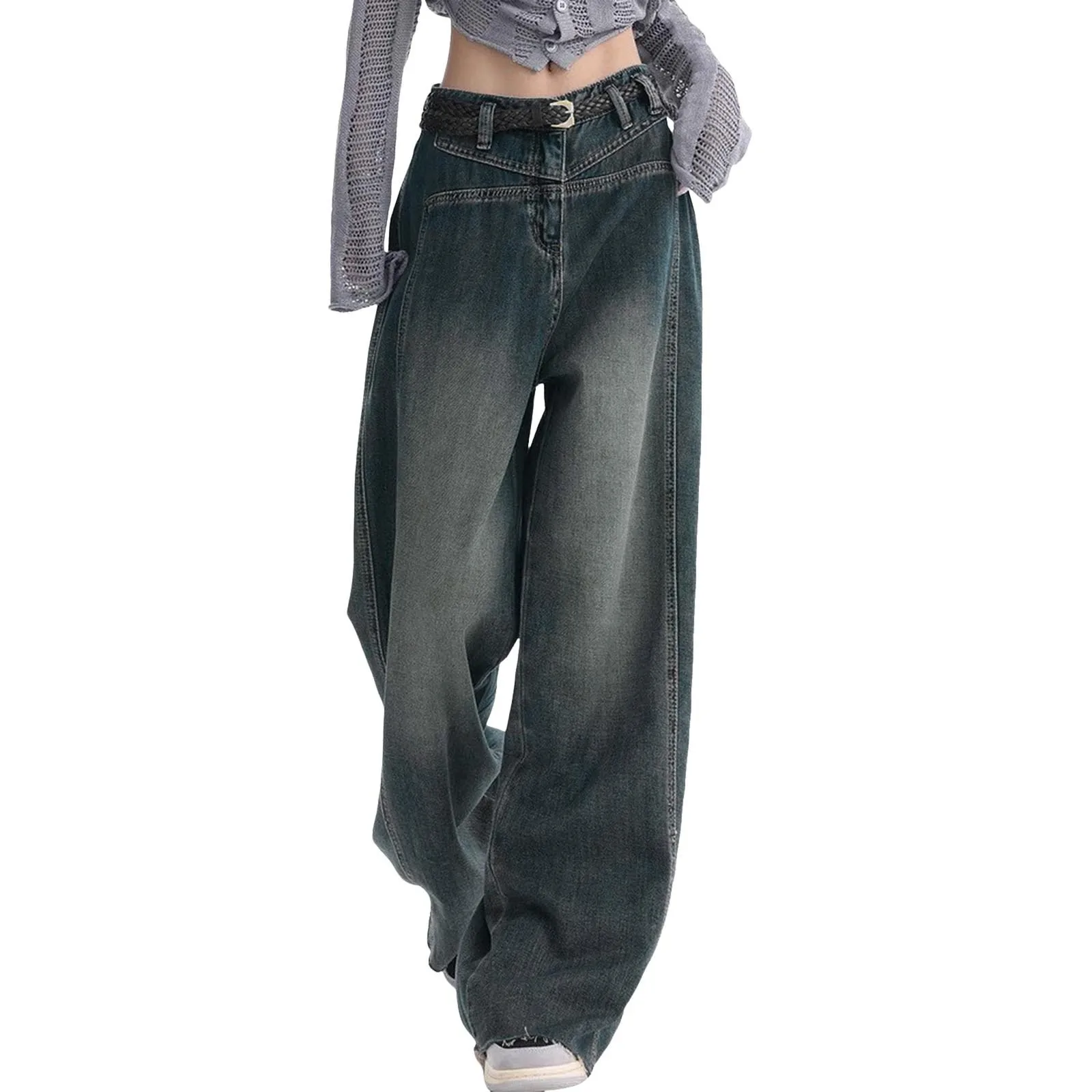 

Женские мешковатые джинсы в стиле Харадзюку, прямые широкие джинсовые брюки с высокой талией, джинсовые брюки в винтажном стиле, уличная одежда в Корейском стиле