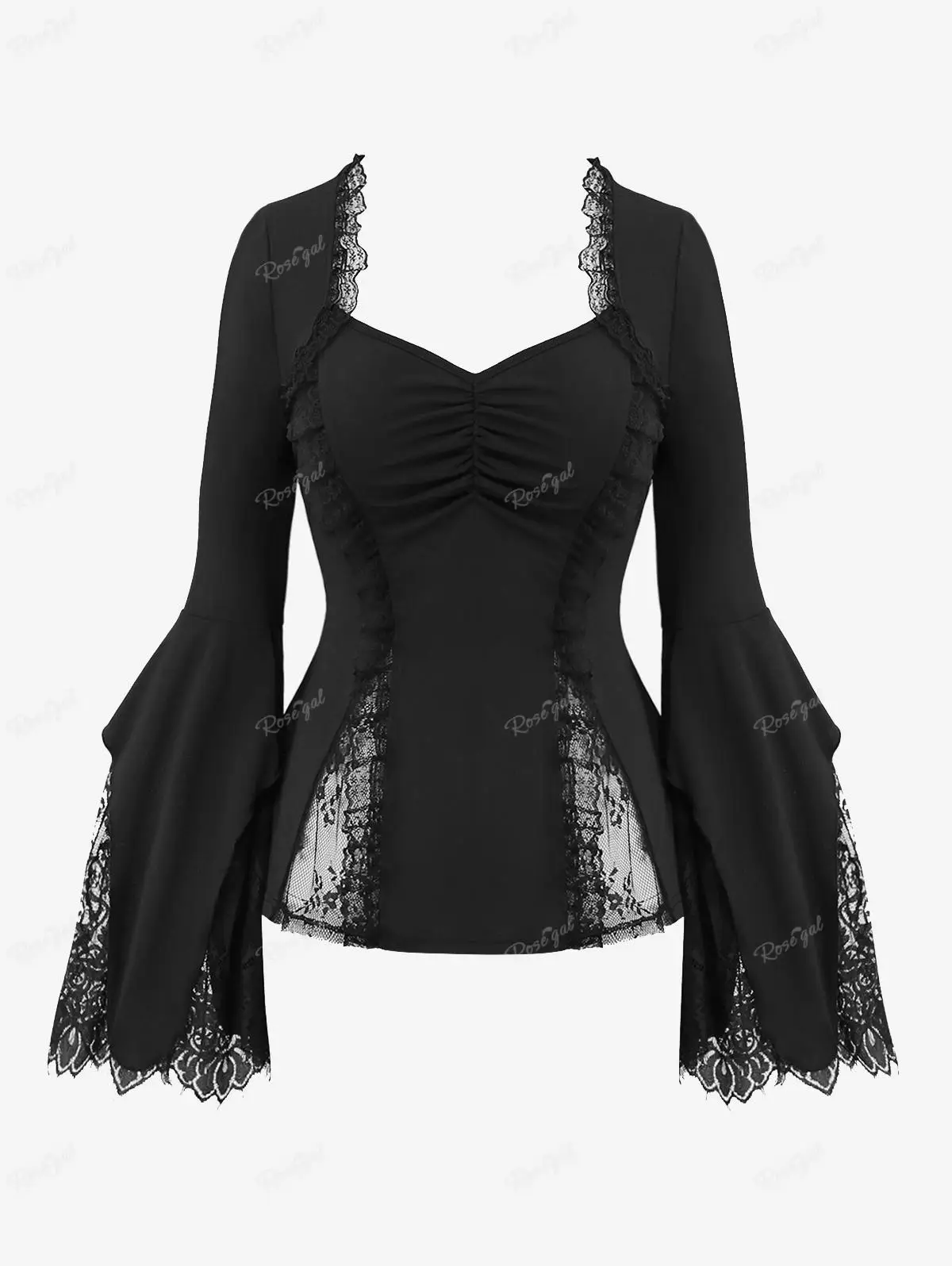 

ROSEGAL New Gothic Floral Lace Panel T-shirt Black Sweetheart Neck Cinched Lace-trim Flare Sleeves Tops For Women Streetwear Tee