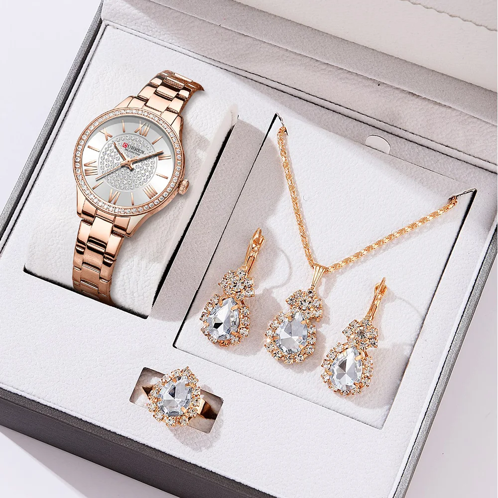 

CURREN Luxury Wristwatches for Women Stainless Steel Bracelet Rhinestones Bling Dail Elegant Ladies Watch Gift Jewelry Set 5pcs
