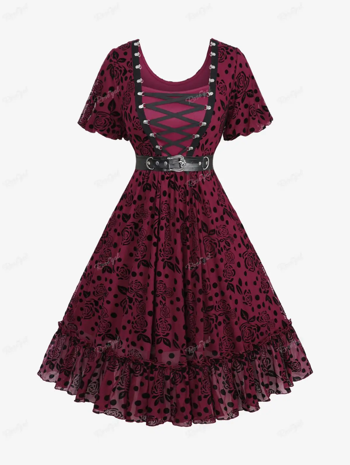 

ROSEGAL Plus Size Gothic Puff Sleeves Polka Dot Floral Mesh Flocking Dresses Summer New Ruched Ruffles Dress With PU Buckle Belt