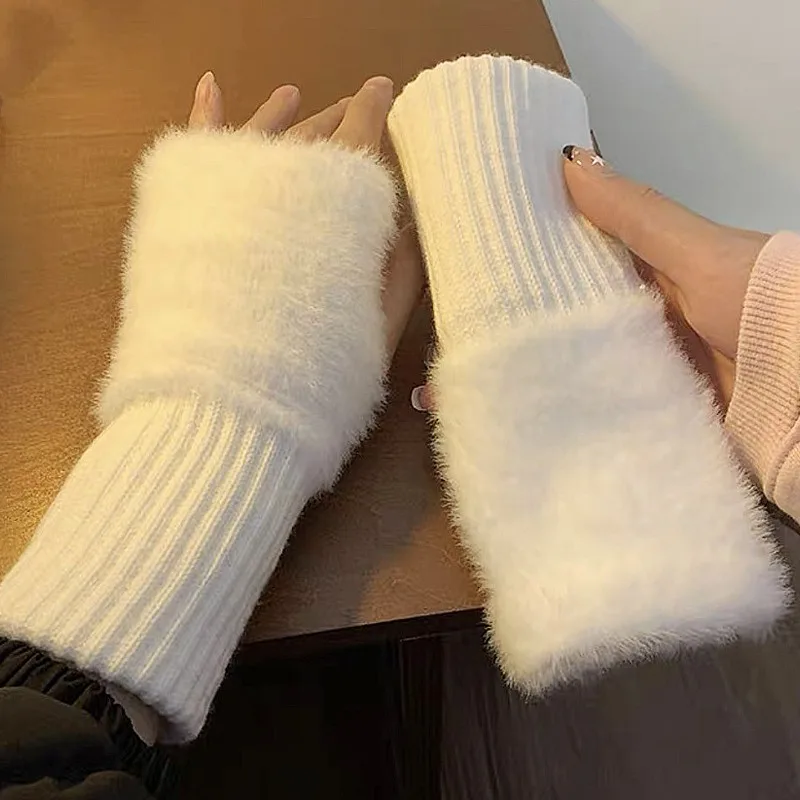 

Plush Knitted Half Finger Glove Mink Fleece Soft Fingerless Gloves Winter Women Warm Girls Solid White Wrist Mittens Writting