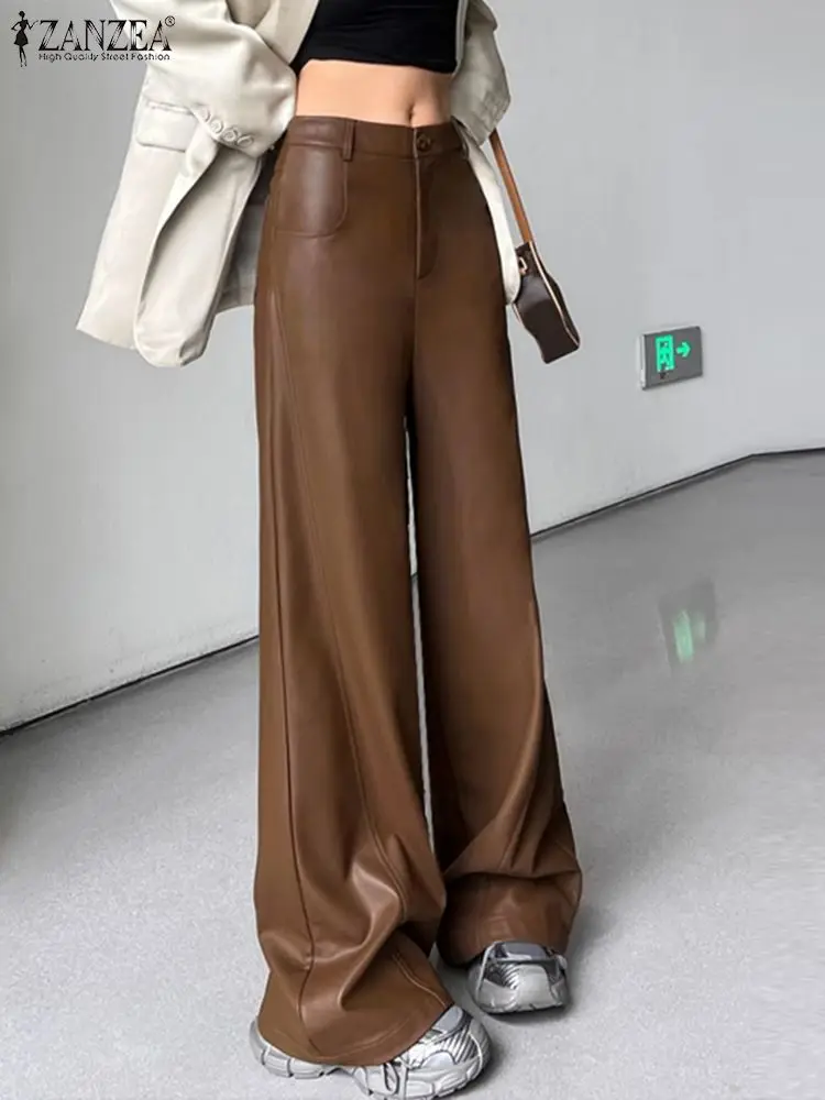 

ZANZEA 2023 Women Elegant PU Wide Leg Trousers Stretchy Faux Leather Pants Sexy Mid Waist Pantalons Bell Bottom Flared Long Pant