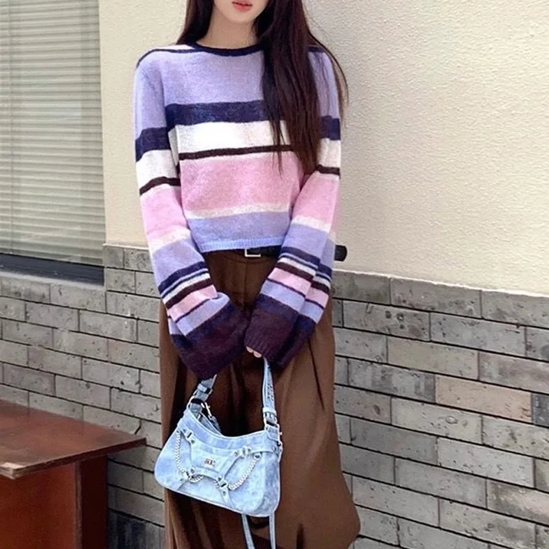 

2023 New Autumn and Winter Fashion Loose Soft Sticky Contrast Stripes Lazy Front Shoulder Knitted Round Neck Pullover Sweater