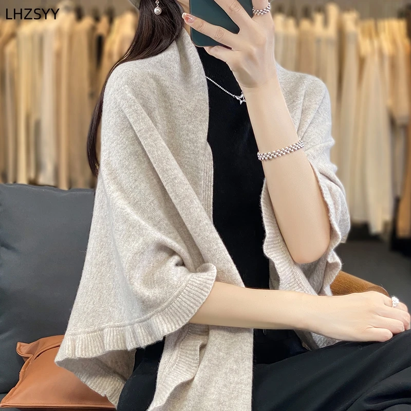 

LHZSYY 100% Merino Wool Big Shawl Scarf Dual-purpose Ladies New Joker Warm Shawl Fashion Knit Jacket Wooden Ear Cloak Blouse 24