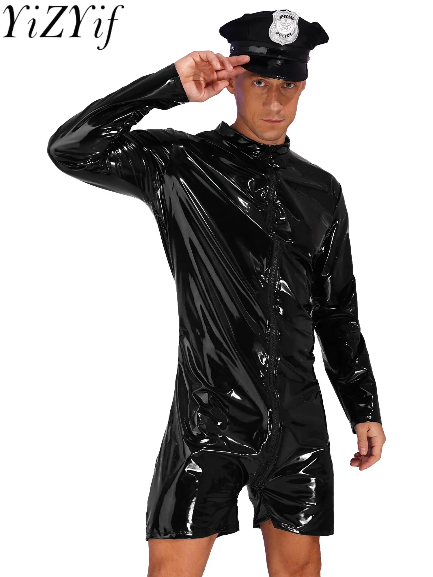 

Men Adults Police Officer Costume Latex Sexy Cop Uniform Policeman Accessories Cosplay Suit Zipper Long Sleeve Bodysuit Jumpsuit