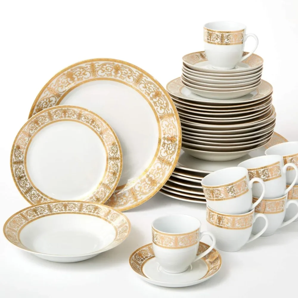 40 piece set of premium gold porcelain white tableware set (8 people) including dessert plates bowls, sauce cups - free shipping
40 piece set of premium gold porcelain white tableware set (8 people) including dessert plates bowls, sauce cups - free shipping