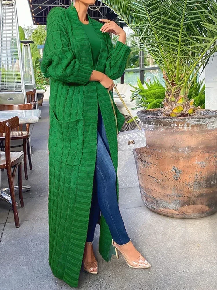 

Kintted Cardigan Women Long Jacket Autumn Spring Green Crochet Loose Long Sleeve Winter Sweater 2023 Warm Jumper Coat Cardigans